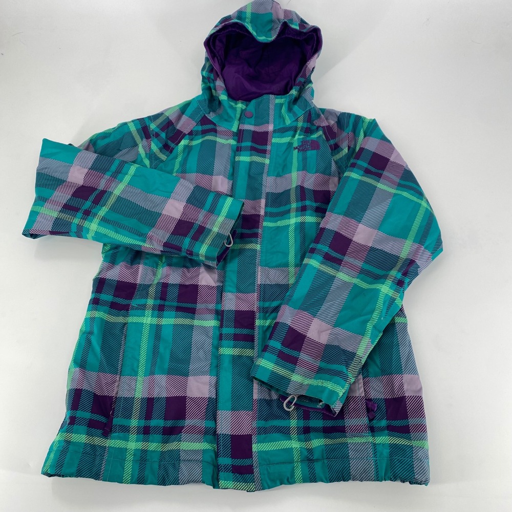 The North Face Girls‎ Plaid Hooded Rain Jacket Teal Purple L 14 16